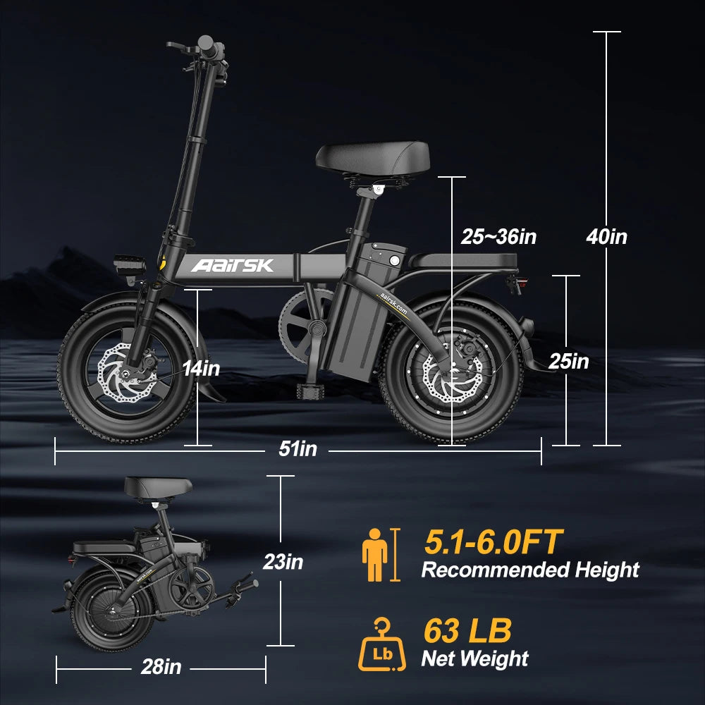 Aairsk 500w 15AH E Bike 14 Inch E-Bike 3 Speeds City Road Adults Folding Fat Bike Electric Dirt Ebike Bike US Foldable Stock